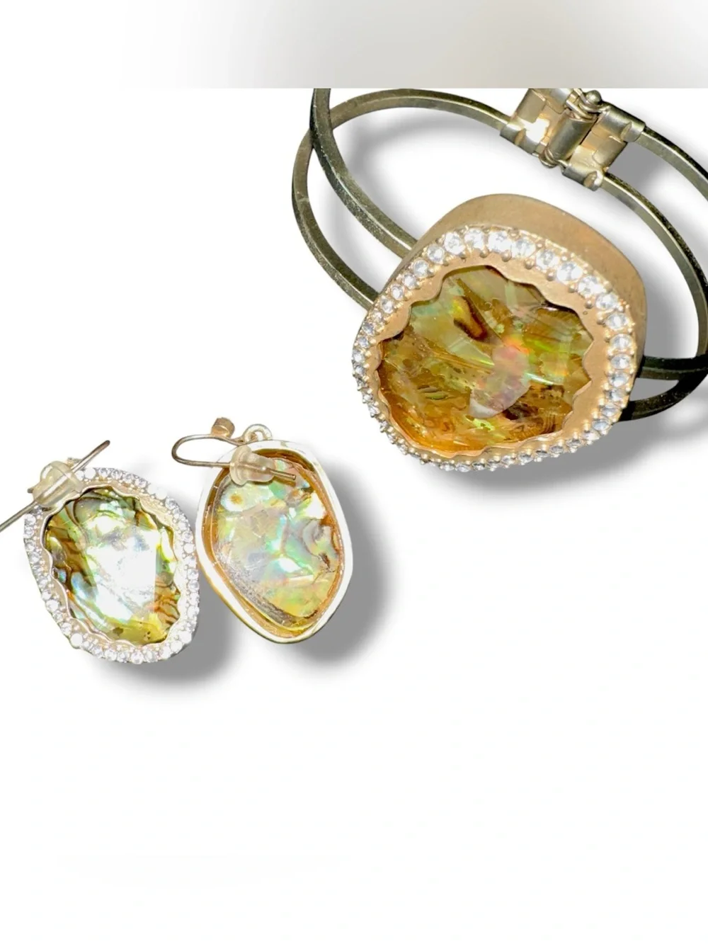 Hinged Cuff Bracelet with Matching Earrings Iridescent Abalone and Crystal